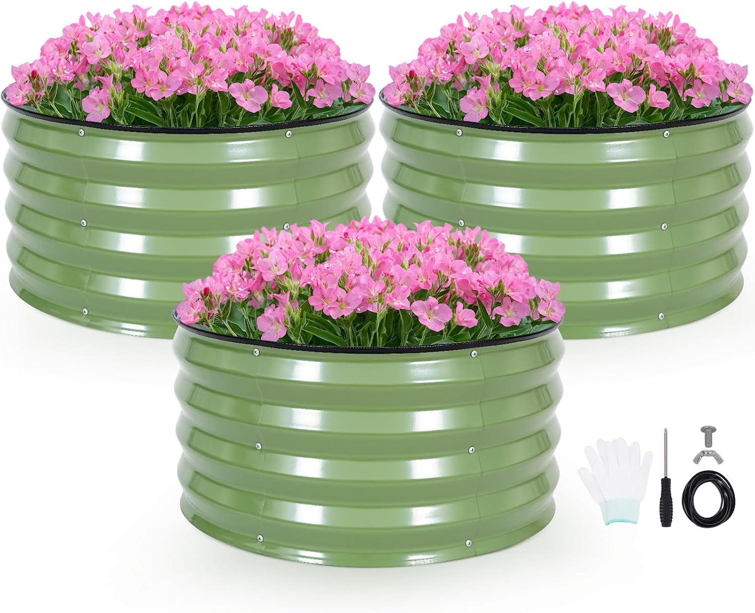 Raised Bed Planter Box - Juego de 3 Macetas Redondas Galvanizadas