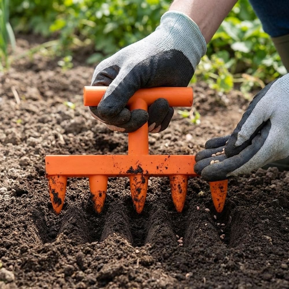 Herramienta perforadora de sue - Garden Row Marker reseña y precio